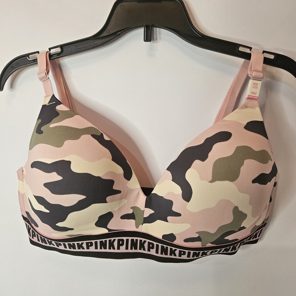 NWT Victoria's Secret PINK 36C Pink Camo Wireless Lightly Lined Bra Y2K Logo